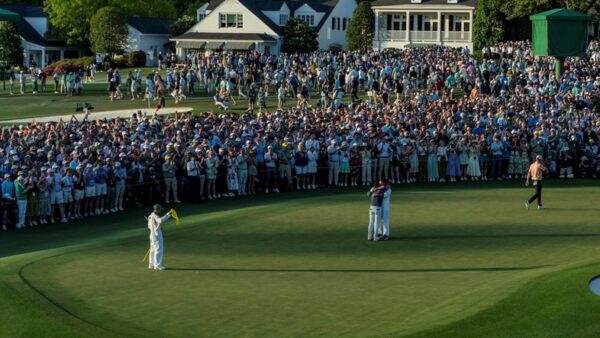Masters sudden-death playoff action on the 18th hole at Augusta National