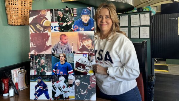 Jenn Weir, Matt Boldy's mother, behind the bar at Catman Café in Mansfield, Massachusetts