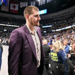 Nikola Jokić Denver Nuggets looking at scoreboard during game