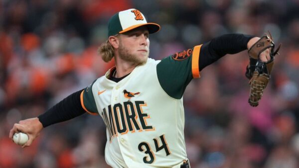 Baltimore Orioles pitcher Shane Baz winds up during a game against the Cleveland Guardians