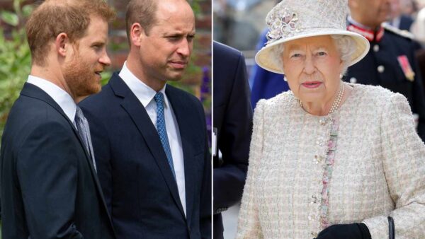 Queen Elizabeth II with her grandsons Prince William and Prince Harry at a royal event