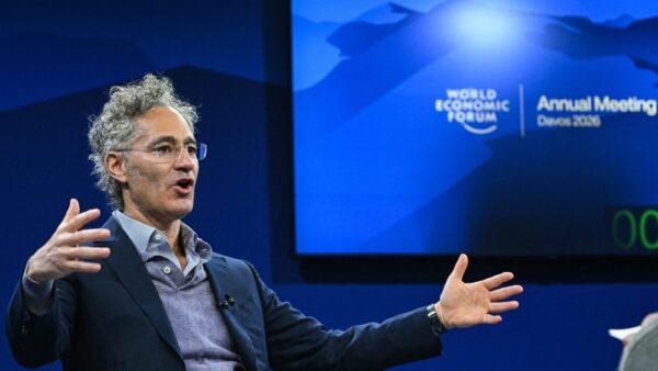 Palantir CEO Alex Karp discussing AI impact on humanities jobs at Davos