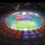 Palmeiras and Bahia players clash in a Brazilian Serie A match at Arena Fonte Nova