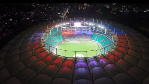 Palmeiras and Bahia players clash in a Brazilian Serie A match at Arena Fonte Nova