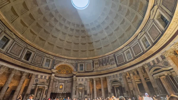 Sunlight beams through the Pantheon's oculus onto the bronze doors during the April 21 alignment