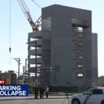 Philadelphia parking garage collapse scene on Grays Ferry Avenue showing emergency response and debris