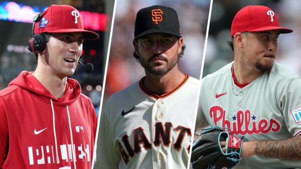 Philadelphia Phillies batter facing San Francisco Giants pitcher at Oracle Park during day game