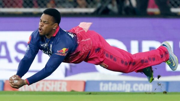 Rajasthan Royals players celebrating a win with Shimron Hetmyer and Brijesh Patel in the squad