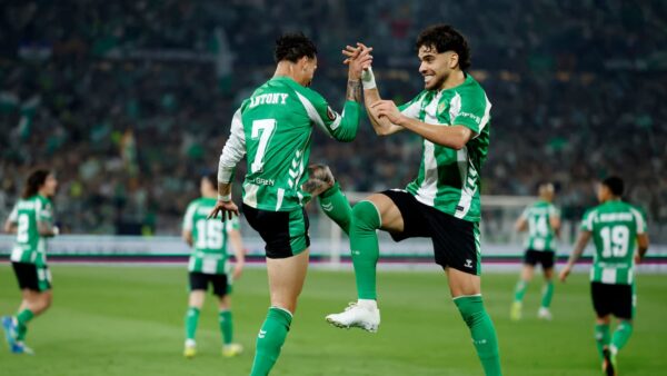 Real Betis players celebrating 2-0 victory over Sporting Braga in Europa League quarterfinal at La Cartuja stadium