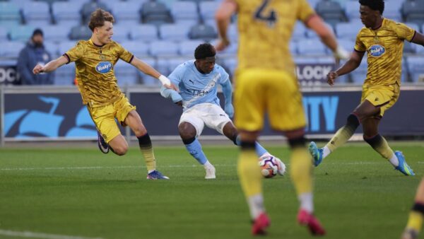 Ryan McAidoo celebrating his goal for Manchester City in the FA Youth Cup semi-final