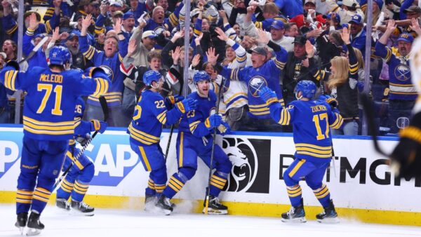 Buffalo Sabres celebrate 4-3 comeback win over Boston Bruins in NHL playoff Game 1