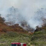 Aerial view of San Marcos vegetation fire near La Moree Road with emergency response vehicles