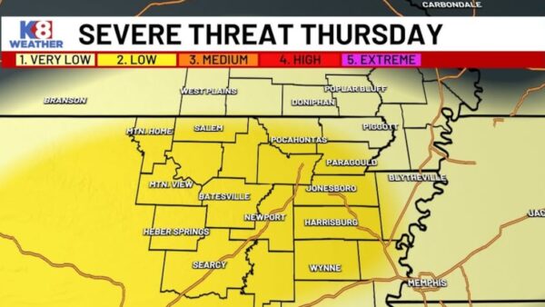 Severe weather radar map showing storm threat level for Arkansas and Missouri on Thursday