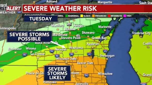 First Alert Weather Day map for Wisconsin showing severe storm threat areas for Tuesday evening