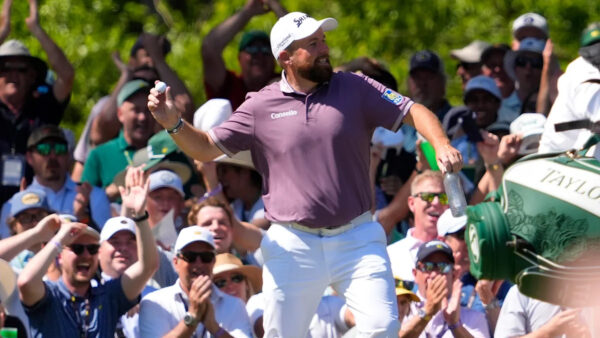 Shane Lowry celebrates his hole-in-one at the 2026 Masters tournament at Augusta National