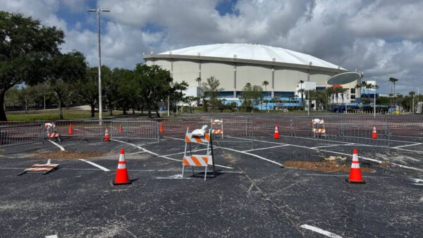 Sinkhole in Tropicana Field parking lot near stadium entrance