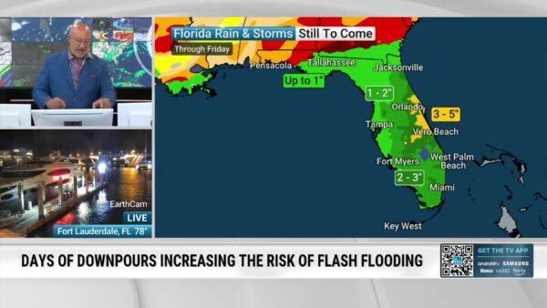 South Florida map showing forecasted heavy rainfall and potential flood zones