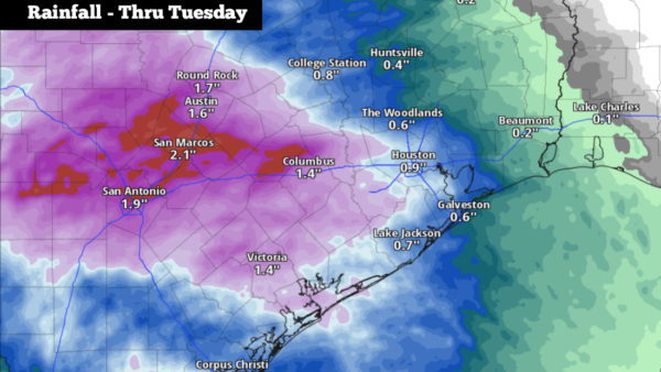 Weather map showing heavy rain forecast and flood threat for South Texas on Monday