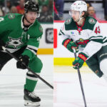 Dallas Stars and Minnesota Wild players face off in Game 1 of the Western Conference playoff series at American Airlines Center