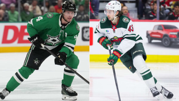 Dallas Stars and Minnesota Wild players face off in Game 1 of the Western Conference playoff series at American Airlines Center