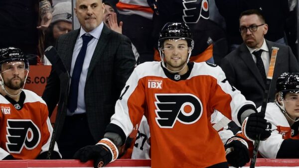 Philadelphia Flyers forward Tyson Foerster celebrates a goal after his early return from injury