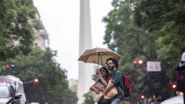 Unstable weather forecast map for Buenos Aires showing high chance of rain and cloud cover