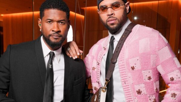 Usher and Chris Brown posing together announcing their Raymond & Brown R&B joint tour
