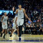 Victor Wembanyama celebrates during his 41-point game for the San Antonio Spurs