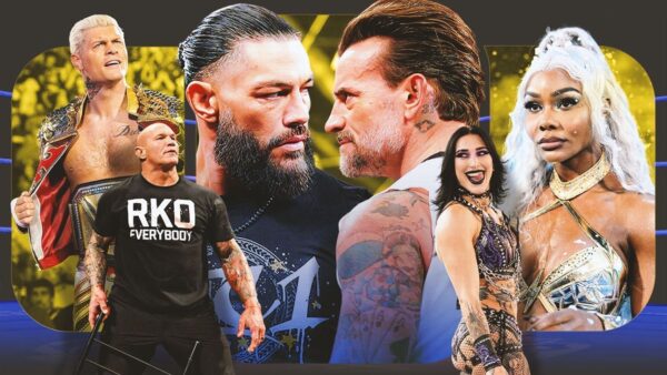 WrestleMania 42 official poster featuring Cody Rhodes, Randy Orton, CM Punk, and Roman Reigns