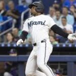 Miami Marlins infielder Xavier Edwards swinging bat during 2024 MLB season offensive surge