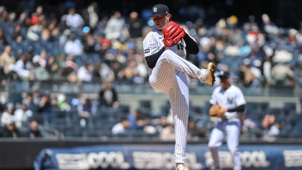 Yankees pitcher Ryan Weathers delivers a pitch against the Los Angeles Angels