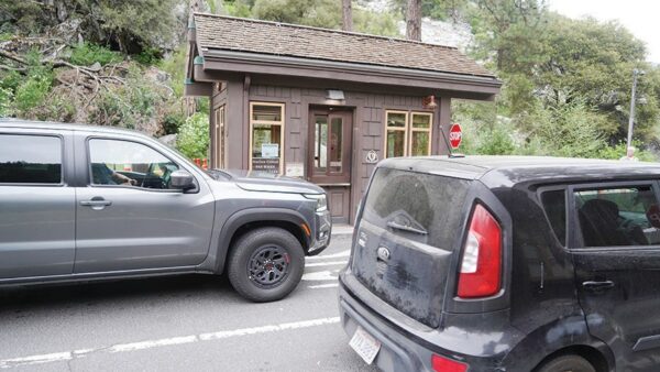 Empty and unstaffed Yosemite National Park entrance station at Arch Rock